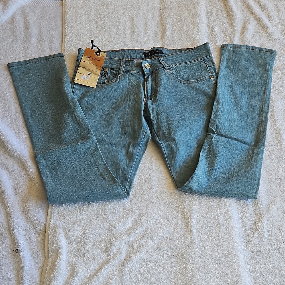 Top Jhon Jeans Girls Size 5 Blue‎ Light Wash Bootcut Stretch Button Logo